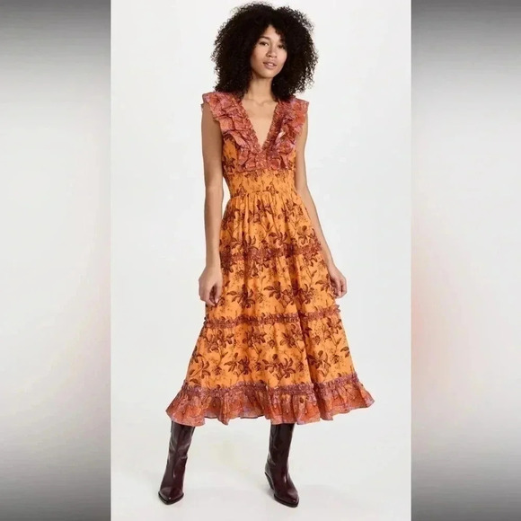 Anthropologie Love The Label Azalea Ruffled Midi Dress Beryl Mango Print Size M - Picture 7 of 7